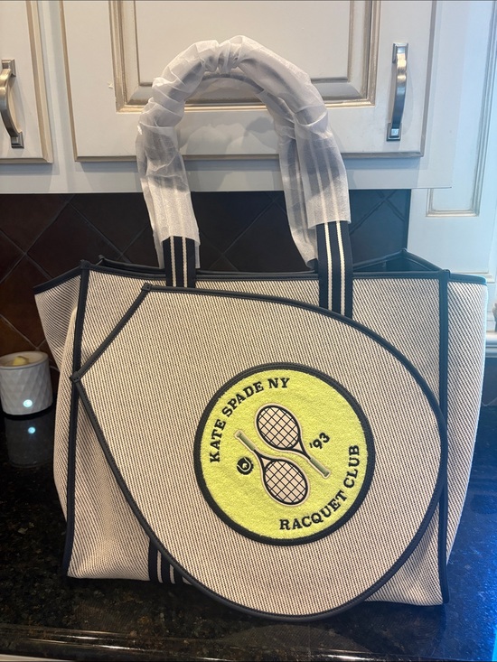 kate spade Other - kate spade Cream and Black Canvas Tote with Yellow Racquet Patch